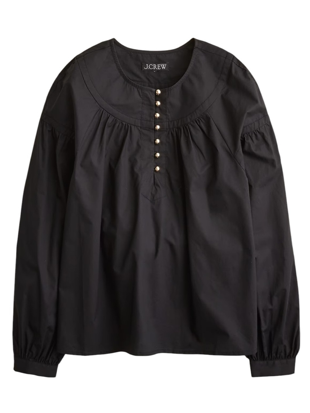 J. Crew Shirred Popover Top In Cotton Poplin Small Black Gold Buttons Office NWT